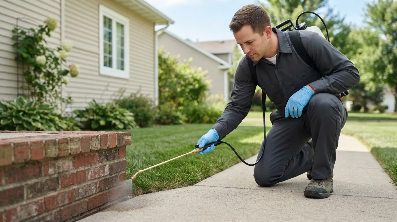 Pest control technician treating a home near Cortland, NY