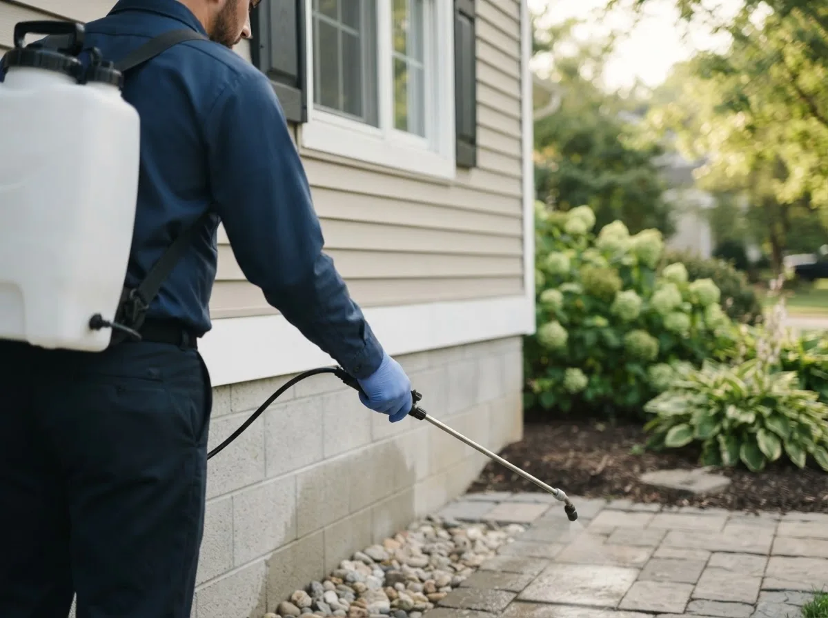 Pest control technician inspecting a home in Cortland, NY